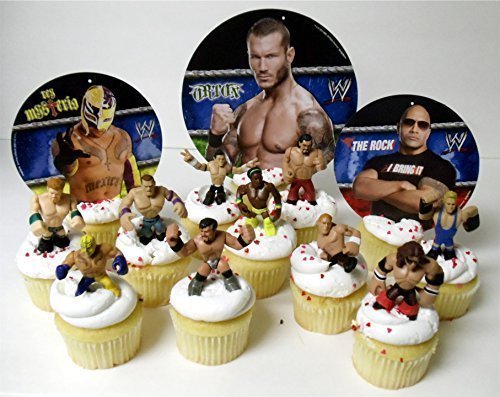 WWE 13 Piece Wrestler Rumblers Wrestling Birthday CUPCAKE Cake Topper Set Featuring 10 RANDOM WWE Rumbler Figures and 3 Random WWE Themed Backdrops