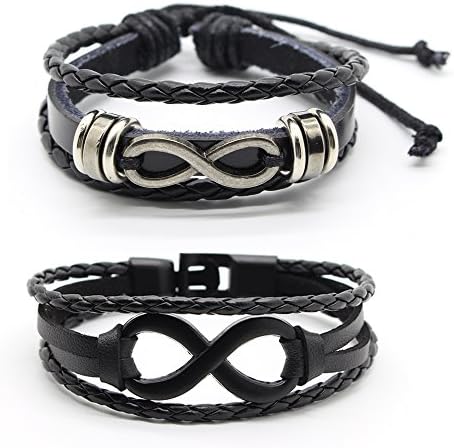 Infinity Bracelet, Couple Friendship Wristband, Womens Mens Leather Bracelet 7" to 8" Black