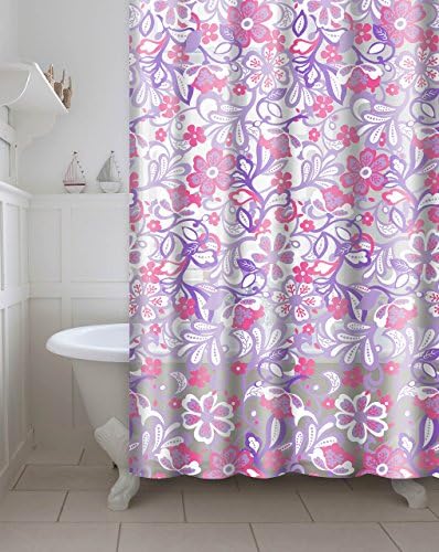 Printed PEVA/EVA 13-Piece Printed Frotti Water Proof Shower Curtain with Metal Roller Hooks in Purple Pink