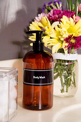 Bottiful Home-16 oz Refillable Durable Translucent Amber PET Plastic Body Wash & Hand Soap Pump Bottles-B&W Pre-Applied Fully Waterproof Labels-100% Rust-FREE, Clog-FREE, Drip-FREE