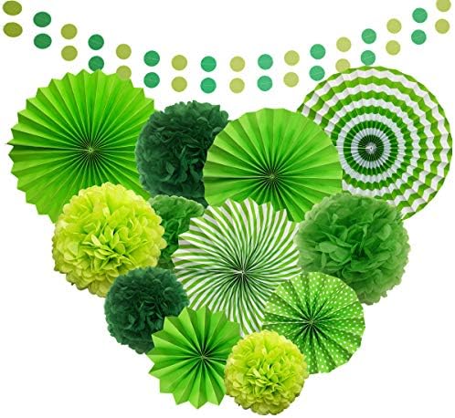 Green Hanging Paper Fans Forest Dinosaur Birthday Baby Shower Wedding Party Decoration Kit - 12" 8" Tissue Pom Poms, 16" 12" 8" Paper Fans, Circle Dot Garland