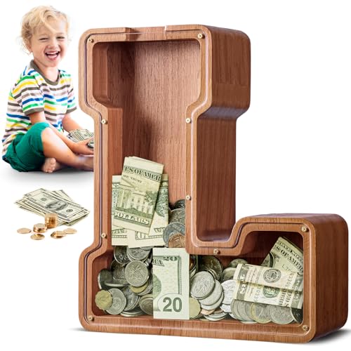 Summidate Spardose für Kinder Junge, Personalisiert Holz Großes Sparschwein, Unzerbrechliches Buchstabe A-Z Sparbüchse für Kinder Mädchen, Erwachsene,