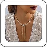 Iaceble Boho Pearl Tassel Pendant Necklace Floating Pearl Choker Necklace Gold Tassel Chain Necklace Pearl Y Lariat Necklace Jewelry For Women