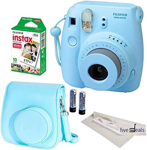FujiFilm Blue Instax Mini 8 Camera, 4 Piece Camera Bundle, Blue Groovy Camera Case, 10 Sheets of Film, Microfiber Cloth Lenses Cleaner
