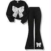 Vitalique Girls Clothes Fall Long Sleeve Lace Bow Print Sweatshirt Flared Pants 2PCS Set Little Girl Outfits Size 6-14