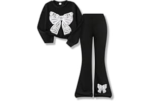 Vitalique Girls Clothes Fall Long Sleeve Lace Bow Print Sweatshirt Flared Pants 2PCS Set Little Girl Outfits Size 6-14