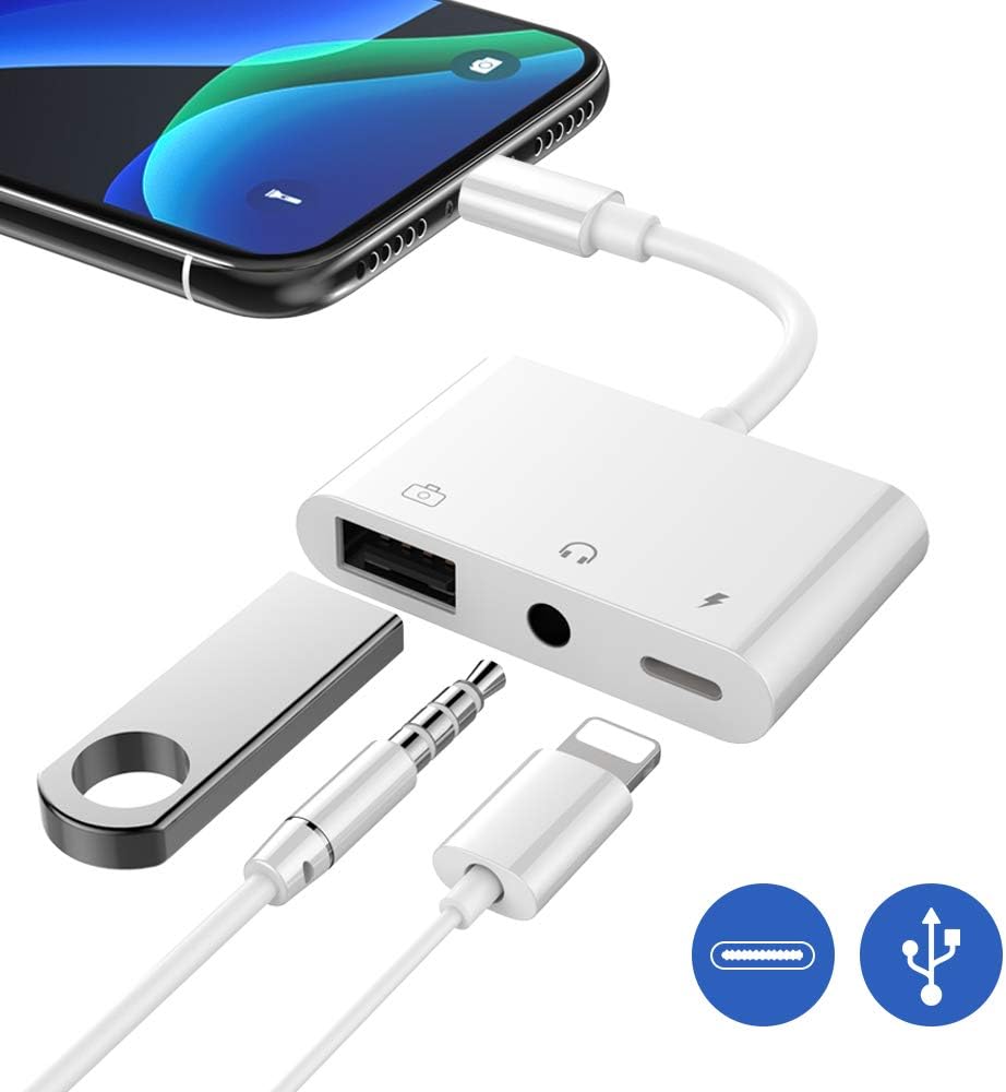 3 in 1 USB Camera Audio Adapter USB 3.0 Female OTG Adapter Cable With USB Power Interface Data Sync Charge and 3.5mm Headphone Jack Compatible Phone11/11 Pro/Xs/XR/X/8 8P 7 7P 6 6P or Pad