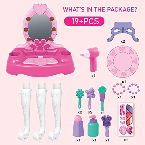 Qaba Kids Vanity Table and Chair Beauty Pretend Play Set with Mirror