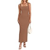 OKIFOIR Women's Square Neck with Lace Trim Sleeveless Long Maxi Dress Lounge Ribbed Bodycon Elegant Dresses