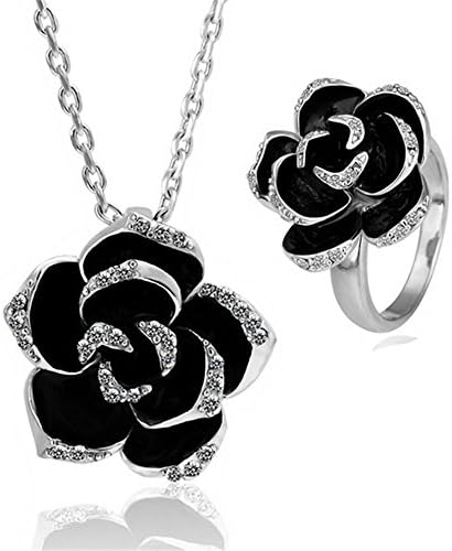 Hitaocity 18k White Gold Plated Austrian Crystal Black Enamel Rose Flower Design Necklace and Ring Sets