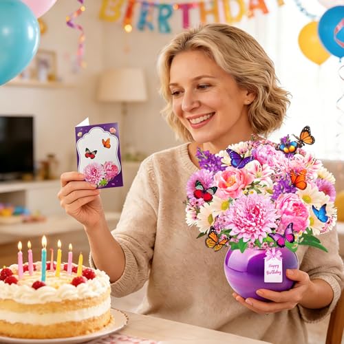Pop Up Birthday Cards for Women with Birthday Music & Lights, Peony & Gerbera Flower Bouquet with Butterflies Design, 10 Inch Birthday Greeting Card for Mum, Wife, Sisters, Bonus Envelope & Note Card