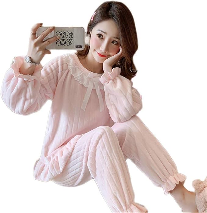 Amazon 韓国ファッションフランネル パジャマ 秋冬 パジャ レース マルームウェア レディースパジャマ 2点セット寝間着 上下セット Yd 274 レディース 通販