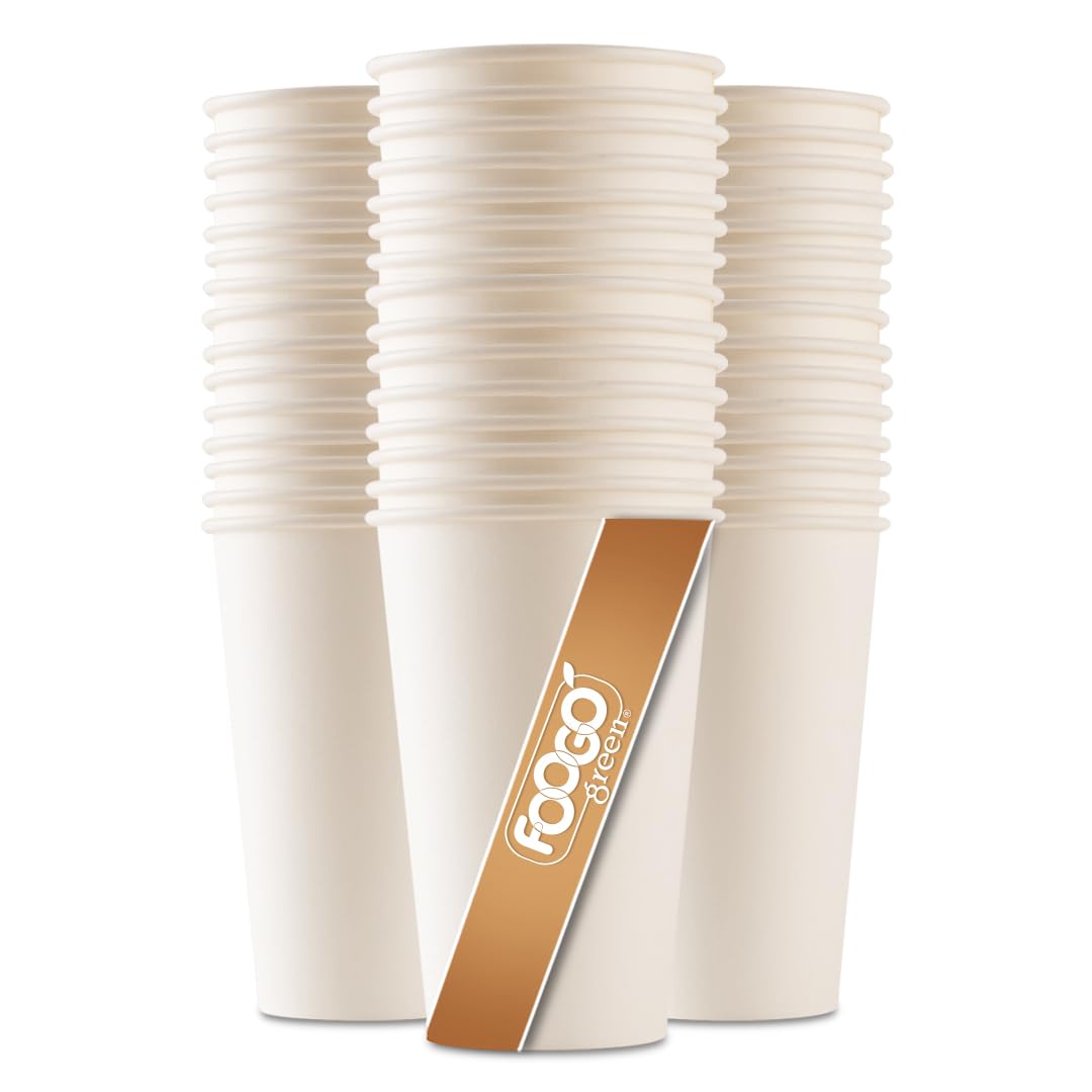 FOOGO Green 100pcs 16oz Disposable Strong Single-Wall White Paper Coffee Cups, FSC® Certified, Fully Compostable, Takeaway, Paper Cups for Hot Drinks, Parties, Eco-Friendly