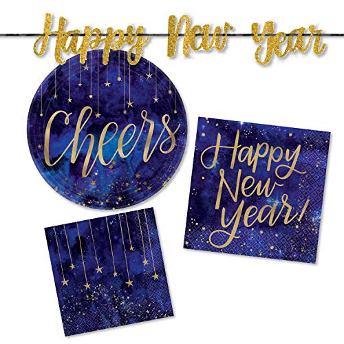 FAKKOS Design New Years Eve Party Supplies Pack - Elegant Midnight Blue and Gold Paper Plates, Napkins, Noisemakers for 16 Guests - Thumbnail 5