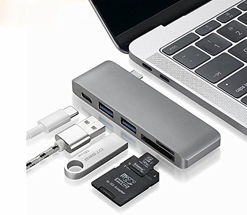 USB C Adapter, Timack 5 in 1 Aluminum Adapter with Type C Hub Charger, 2 USB 3.0 Ports for 2017/2016 Macbook pro 13" 15", USB C 5Gbps Data, Micro Card Reader (Space Grey)