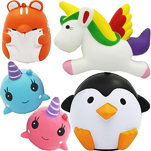 SILVIA 5 Pcs Kawaii Squishies Jumbo Unicorn Blue Whale Penguin Pink Whale Hamster Slow Rising Charms Squishies Cream Scented Stress Relief Toys Hand Pillow Toy For Kids and Adults