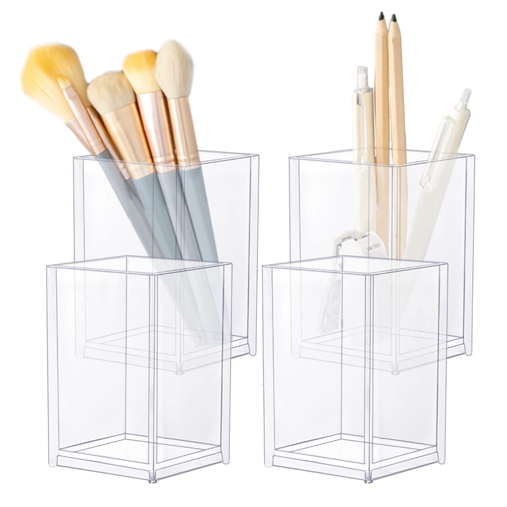 YAANBUNB 4 Pcs Acrylic Pen Holder Clear Makeup Brush Holder Square Pen Pot Desktop Pencil Cup Pencil Storage Basket Candy Box Stationery Organizer for School Home Office Desk Accessory, 6.5*6.5*10cm