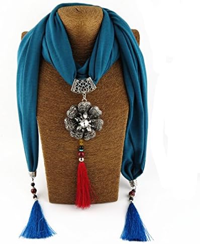 Woman Shawl- Tassel Scarf The New Polyester Cotton Ceramic Beads Jewelry Necklace Folk-custom Scarf Alloy Flower Pendant Shawl Decoration ( Color : Dark Green )