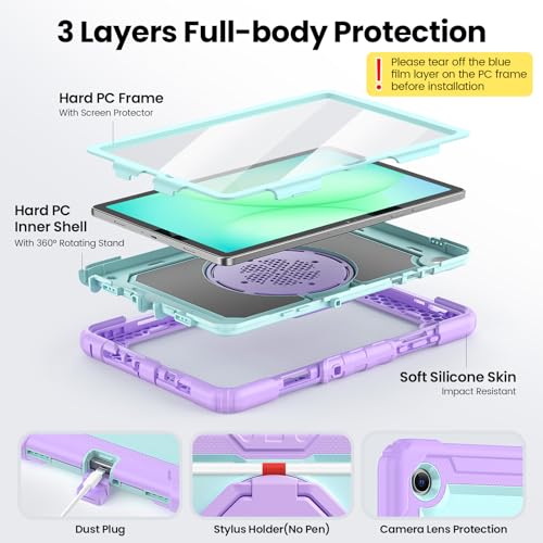 Sanyetral Galaxy Tab A11+ Case, Heavy Duty Case for Samsung Galaxy Tab A11 Plus/A9 Plus 11'' 2025/2023, with Screen Protector, 360 Rotating Stand and Pencil Holder (Cyan + Purple)