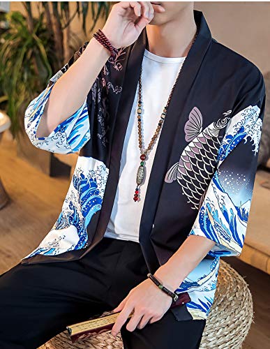Men's Japanese Harajuku Fish Printed Kimono Cardigan Jackets Streetwear (Fish Black, Large)