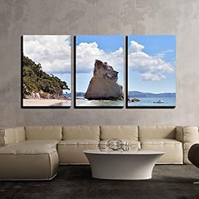 3 Piece Canvas Wall Art - Cathedral Cove Coromandel Peninsula - Modern Home Art Stretched and Framed Ready to Hang - 16"x24"x3 Panels