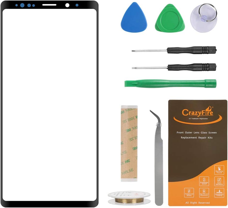 Original CrazyFire Compatible with Samsung Galaxy Note 9 N9600 Front Outer Touch Screen Glass Lens Replacement,Front Outer Lens Glass Screen with Tool Kit for 6.4 inch Note 9 SM-N960U N960F(Black)