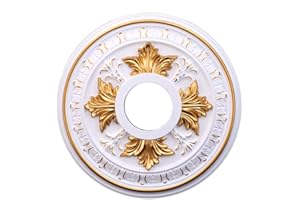Primst PU Decorative Ceiling Medallion for Light Fixtures and Ceiling Fans, Molded Plastic, Gold and White Finish, (B-15.6"OD x 4.3"ID)