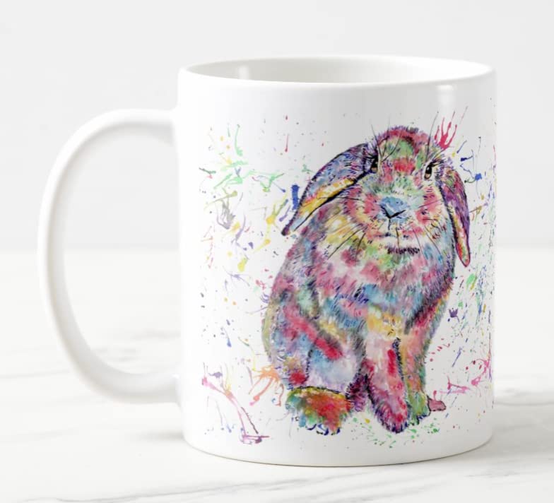Vixar Lop Rabbit Bunny Eared Watercolour Rainbow Art Coloured Mug Cup Gift Birthday Easter Work Office Christmas Tea Coffee (White)