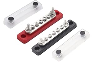 Gloaso 100A Copper Bus Bar 12V Marine 3/16" Power Distribution Block Automotive Boat Busbar Terminal Block Battery Buss Bar 2X 3/16” Posts 5X #8/32 Screws Terminals 48V DC, Red& Black 2 Pack