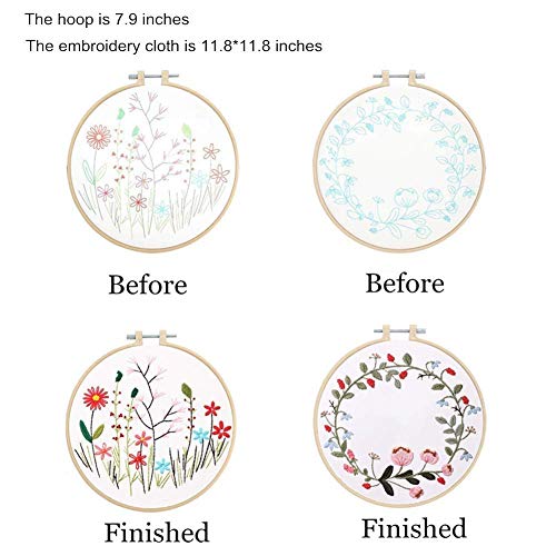 2 Pack Embroidery Kit with Pattern, Full Range of Stamped Embroidery Beginner Kit Including Patterned Embroidery Cloth Hoop Colored Threads and Needles Hand Sewing Craft