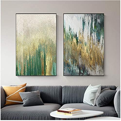 XIANGPEIFBH Abstract Flowing Gold Foil Canvas Painting Green Poster Print Wall Art Picture for Living Room Lobby Art Decor-60x90cm No Frame