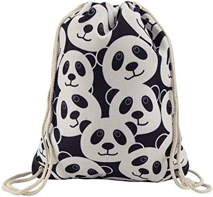 PokeyP Print Drawstring Backpack Rucksack Shoulder Bags Gym Bag (Animals,foods)15"x11" (Many Black Panda)