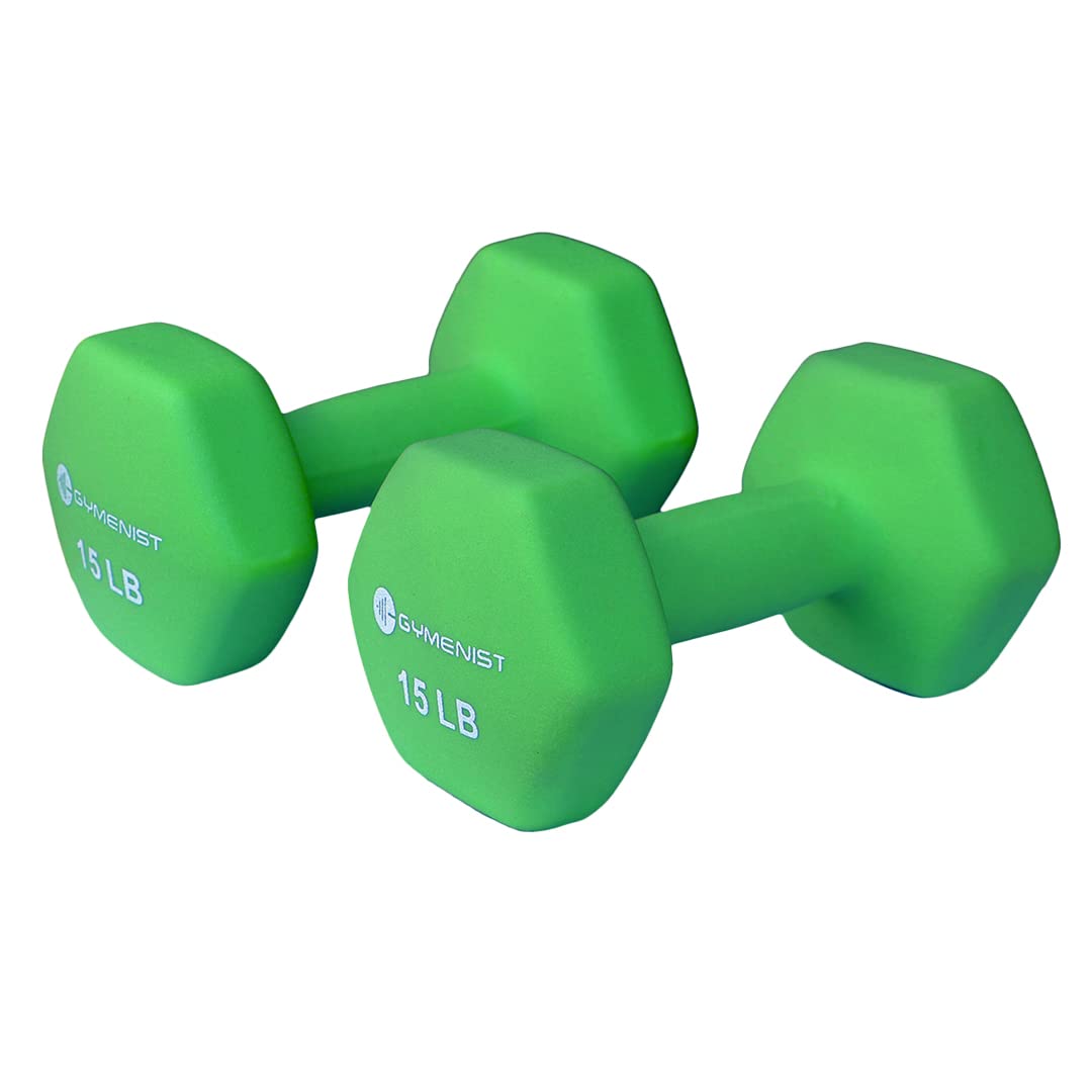 GYMENIST Pair of Dumbbells Set of 2 Soft Non Slip Grip Dumbbells Pair Covered with Neoprene (G306-15), Lime green, 15 lb Pair Image