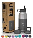 the flow Stainless Steel Water Bottle Double Walled/Vacuum Insulated - BPA/Toxin Free – Wide Mouth with Straw Lid, Carabiner Lid and Flip Lid, 32 oz.(1 Liter) (Stainless Grey, 32oz)