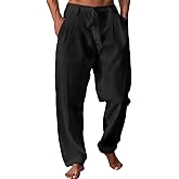 Runcati Mens Casual Pants Elastic Waist Drawstring Lightweight Pants Cotton Linen Summer Beach Yoga Trousers