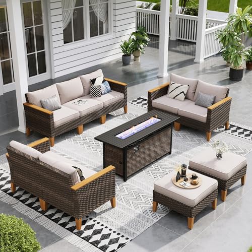 Sophia & William Patio Furniture Set with 56" Fire Pit Table, 10PCS Outdoor Wicker Sectional Conversation Set with 3-Seater Sofa, 2-Seater Couch, 2 Ottoman & FirePit Table(Beige)