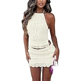 Two Piece Skirt Sets for Women Y2k Lace Sheer Mesh Ruched Halter Top Smocked Mini Skirt Summer Beach Outfits