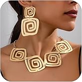 LNNVKRV Chunky Gold Choker Necklace Earrings Set For Women Vintage Gold Geometric Square Spiral Collarbone Necklace Earrings Fashion Statement Jewelry Set For Women
