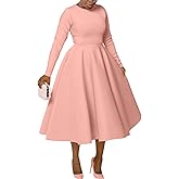 LAJIOJIO Women's Vintage Cocktail Dresses,Elegant Round Neck Long Sleeve Church Evening Dress with Pockets