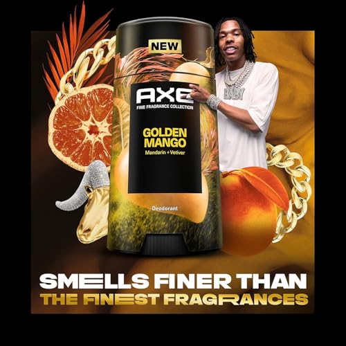 AXE FINE FRAGRANCE COLLECTION DEODORANT STICK GOLDEN MANGO 4 COUNT WITH 48H FRESHNESS AND ODOR PROTECTION DEO STICK AND FRESHNESS INFUSED WITH MANGO, MANDARIN, AND VETIVER ESSENTIAL OILS 2.6 OZ