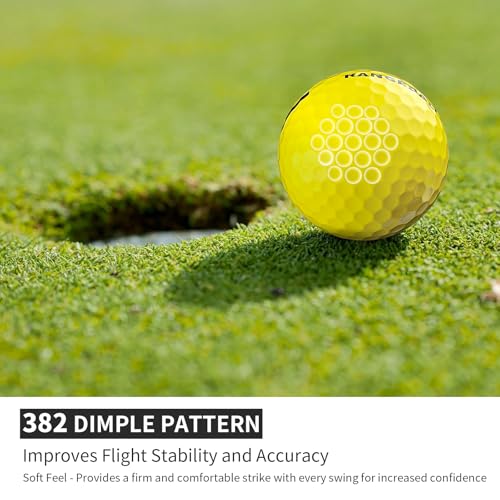 Golf Practice Balls 12 Pack with 382 Dimple Design,Compression 82-85°, 45.9g Solid Rubber, Durable & High Bounce, 250-255 Yard Distance,for Indoor/Outdoor Training and Driving Range Practice (Yellow)