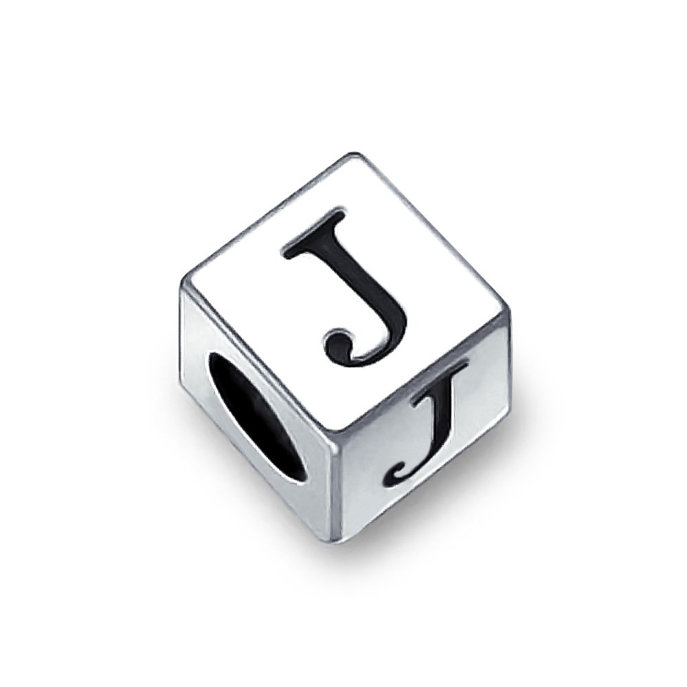 Bling Jewelry Block Letter J Alphabet Initial Charm Bead For Women For Teen .925 Sterling Silver For European Bracelet