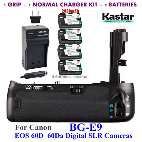 Kastar Pro Multi-Power Vertical Battery Grip (Replacement for BG-E9) + 4x LP-E6 Replacement Batteries + Charger Kit for Canon EOS 60D 60Da Digital SLR Cameras