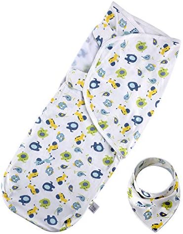 Baby Swaddle Wrap Sack Swaddle Blanket with Baby Bandana Drool Bibs for Newborn Boys and Girls, 0-6 Month, Adjustable Infant with Fastener Straps Breathable Soft Cotton (1 Pack)