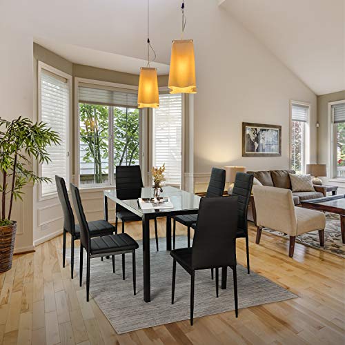 BAHOM 7 Piece Kitchen Dining Table Set for 6, Glass Table and PU Leather Chairs Set of 6 for Breakfast, Black - Thumbnail 6