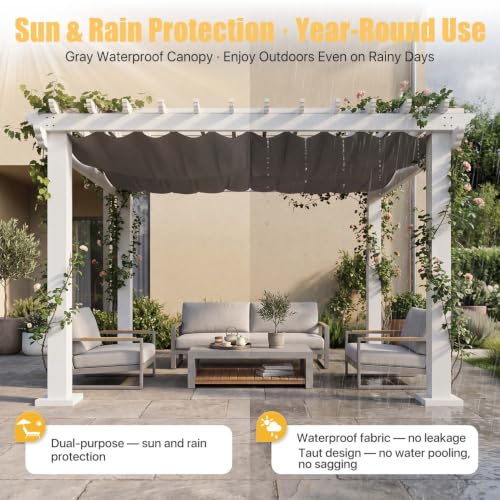 12 Ft. W x 10 Ft. D Patio Pergola with Retractable Canopy, White Powder-Coated Metal Frame, Gray UPF50+ Waterproof Shade Cover, Grape Trellis Top image 15