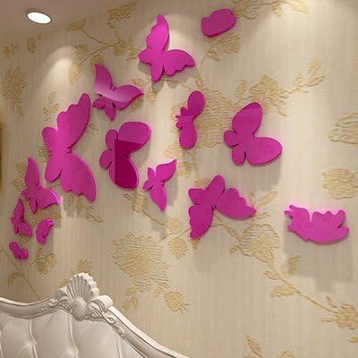 JWQT Butterfly Feifei acrylic 3D solid crystal children's room wall stickers cartoon stickers bedroom living room lovely sofa back wall,371 butterflies flying - Rose,Small