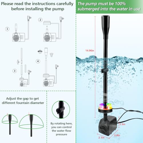 NATPOW Submersible Water Pump, 800L/H Mini Fountain Pump with RGB LED Lights Ultra-Quiet, 3M Cable Pond Pump with 4 Nozzles for Water Feature, Aquarium Fish Tank, Outdoor Fountain