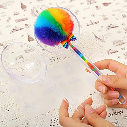 Syorn Pom Pom Pens Lollipop Kawaii Cute Afro Fluffy Ballpoint Pens - Rainbow