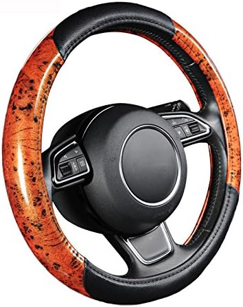 Classic Car Steering Wheel Cover Black PU Leather with Light Wood Grain Retro Design Anti-Slip Inner Odorless Universal Fit Middle Size 15 inch - AUTOYOUTH, AY10009